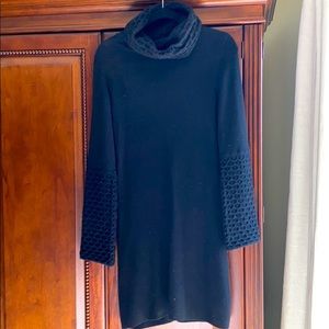 Cashmere dress. Patterned cowl neck. Bell sleeves